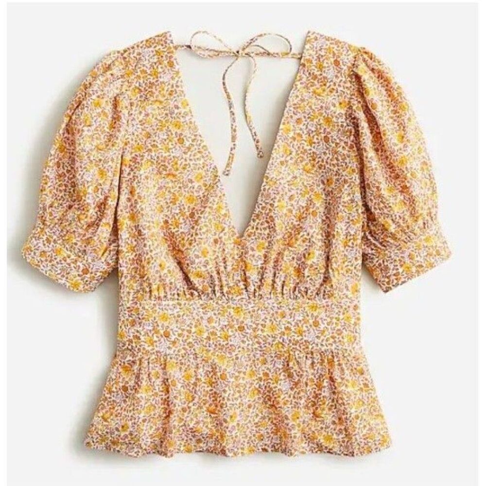 J Crew Women's Puff Sleeve V Neck Blouse Top Floral Size 12